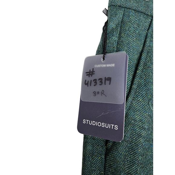 NEW Studiosuits 3 Piece Suit 38 30 Green Herringbone Vest Blazer Career Wool - Picture 2 of 10